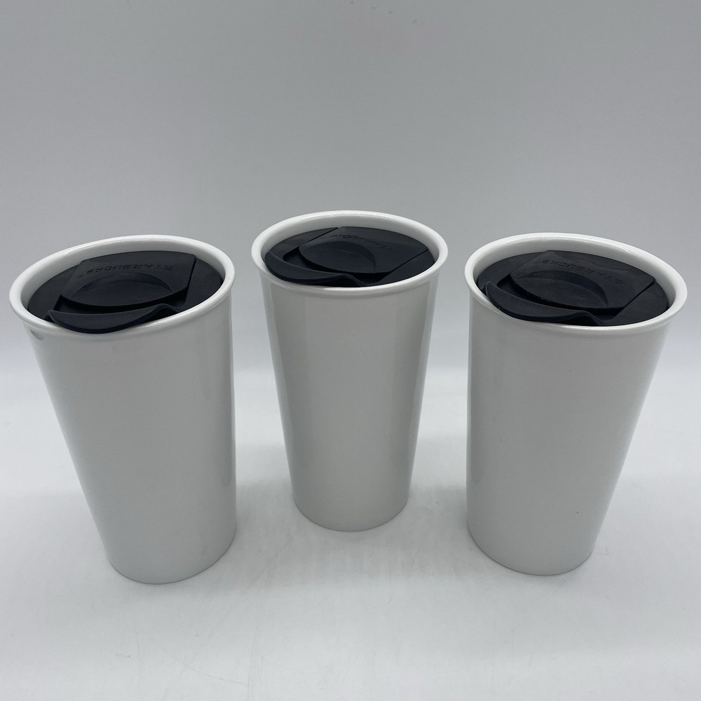 Set of 3 Starbucks Mermaid Tumbler Ceramic Travel Coffee Mug White 10 oz w/ Lids - Picture 4 of 9